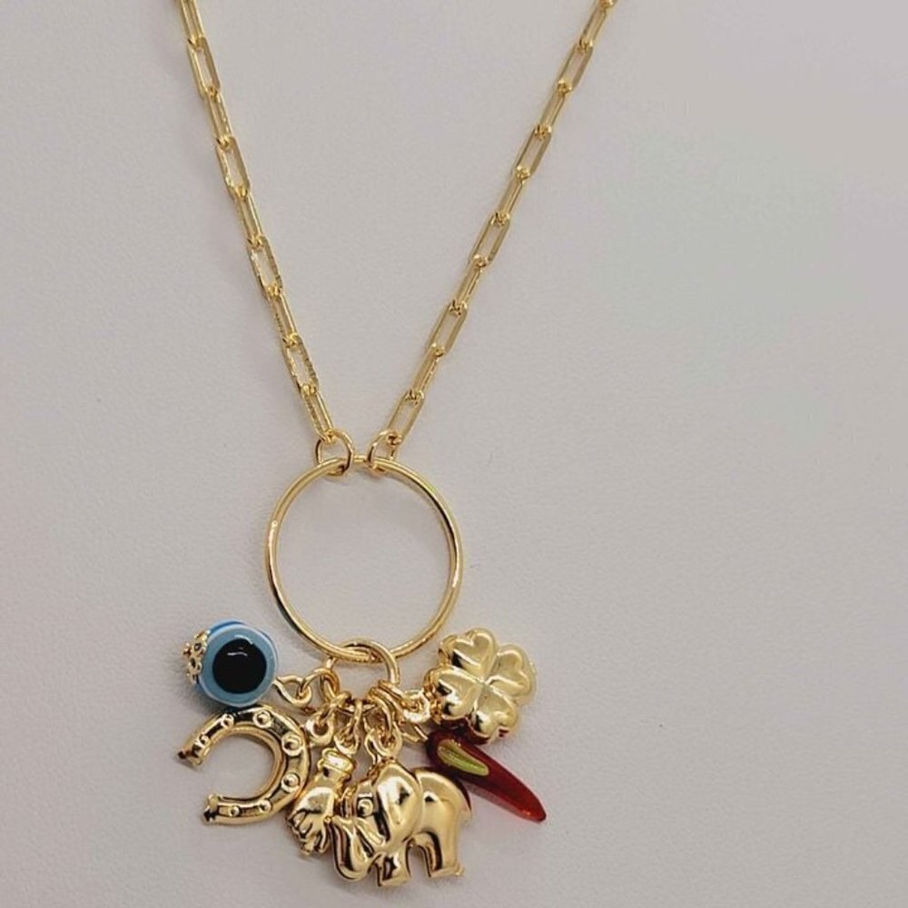 Brand New Brazilian 18k Gold Filled Evil Eye With Multi Charms Necklace